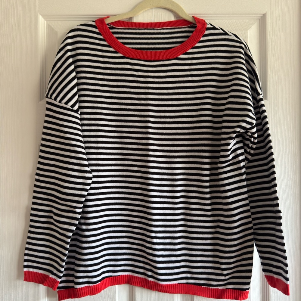 Striped Black and White Sweater with Red Accents
